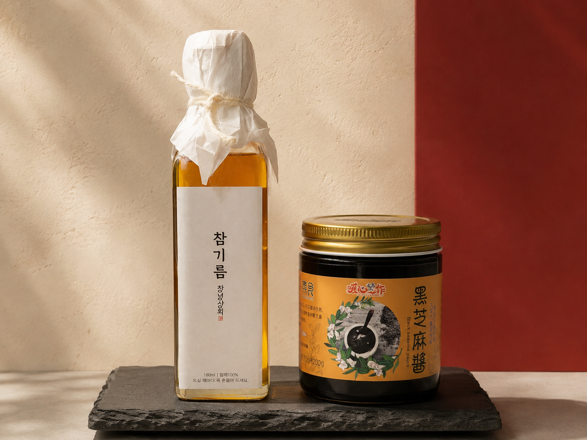 Sesame oil and black sesame paste with autumn foliage